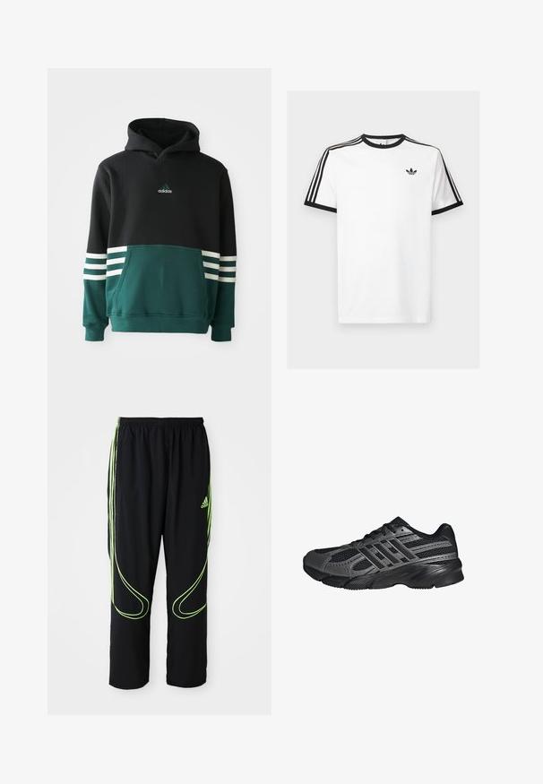 Sudadera Adidas negra y verde oscuro con bolsillo frontal, tres rayas blancas en las mangas y logo de Adidas en el pecho.; Camiseta de algodón blanca con cuello y mangas de canalé negro, con tres rayas negras en cada hombro y un pequeño logo en el pecho.; Pantalones deportivos Adidas negros con líneas curvas en verde neón y tres franjas en los laterales, cinturilla elástica y logo de Adidas en el muslo delantero.; Zapatillas deportivas negras hechas de malla y materiales sintéticos, que presentan una superficie texturizada, múltiples rayas grises y un collar acolchado.