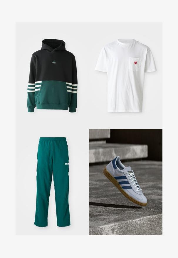Schwarzer und dunkelgrüner Adidas-Hoodie mit einer Fronttasche, drei weißen Streifen an den Ärmeln und dem Adidas-Logo auf der Brust.; Weißes Baumwoll-T-Shirt mit rundem Halsausschnitt und kurzen Ärmeln. Verfügt über ein kleines rotes Herzlogo auf der linken Brusttasche.; Grüne Sporthose aus leichtem Material, mit elastischem Bund, seitlichen Taschen und weißem Adidas-Logo auf der linken Seite.; Hellblauer Adidas Spezial Sneaker mit dunkelblauen Streifen und Gummisohle, in der Luft über Betontreppen in neutralem Außenbereich gezeigt.