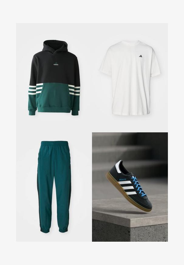 Sort og mørkegrøn Adidas hættetrøje med forlommer, tre hvide striber på ærmerne og Adidas-logo på brystet.; Hvid bomulds t-shirt med korte ærmer, rund hals og et lille sort Adidas-logo på venstre bryst. Blød tekstur, afslappet pasform.; Teal sportsbukser med snoretræk i taljen, elastiske manchetter og sorte striber på siden. Lavet af letvægtsstof med et logo nær hoften.; Sort Adidas sneaker med hvide striber, blå snørebånd og gummisål, der svæver over gråt betontrin i blødt lys.