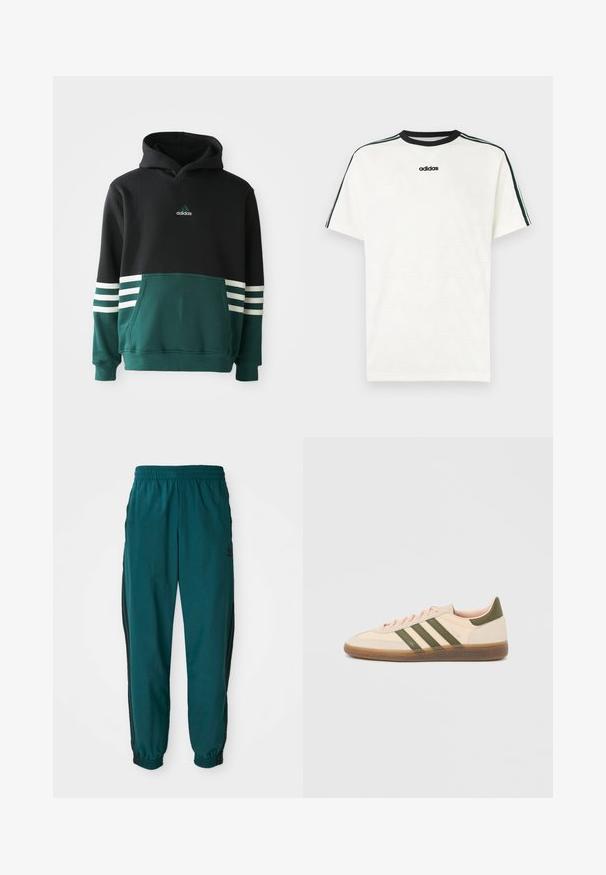 Čierna a tmavozelená mikina Adidas s predným vreckom, tromi bielymi pruhmi na rukávoch a logom Adidas na hrudi.; Biele tričko s krátkym rukávom a textúrovaným vzorom chevron, čiernym okrúhlym golierom a čierno-tyrkysovými pruhovanými akcentmi na ramenách.; Tyrkysové športové nohavice s viazaním v páse, elastickými manžetami a bočnými čiernymi pruhmi. Vyrobené z ľahkej tkaniny, s logom blízko bedra.; Nízky béžový tenisky Adidas Spezial so zelenými pruhmi, gumovou podrážkou a nápisom „SPEZIAL“ na boku, zobrazené z vonkajšej strany.