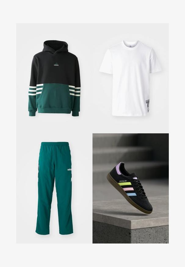 Schwarzer und dunkelgrüner Adidas-Hoodie mit einer Fronttasche, drei weißen Streifen an den Ärmeln und dem Adidas-Logo auf der Brust.; Weißes Baumwoll-T-Shirt mit kurzen Ärmeln, Rundhalsausschnitt und einem schwarzen Adidas-Logo-Patch auf der unteren linken Seite. Glatte Textur.; Grüne Sporthose aus leichtem Material, mit elastischem Bund, seitlichen Taschen und weißem Adidas-Logo auf der linken Seite.; Schwarzer Adidas Spezial Sneaker mit pastellgelben, pinken und blauen Streifen, lavendelfarbenem Fersenlaschen und brauner Sohle, schwebend über einer Betonkante.