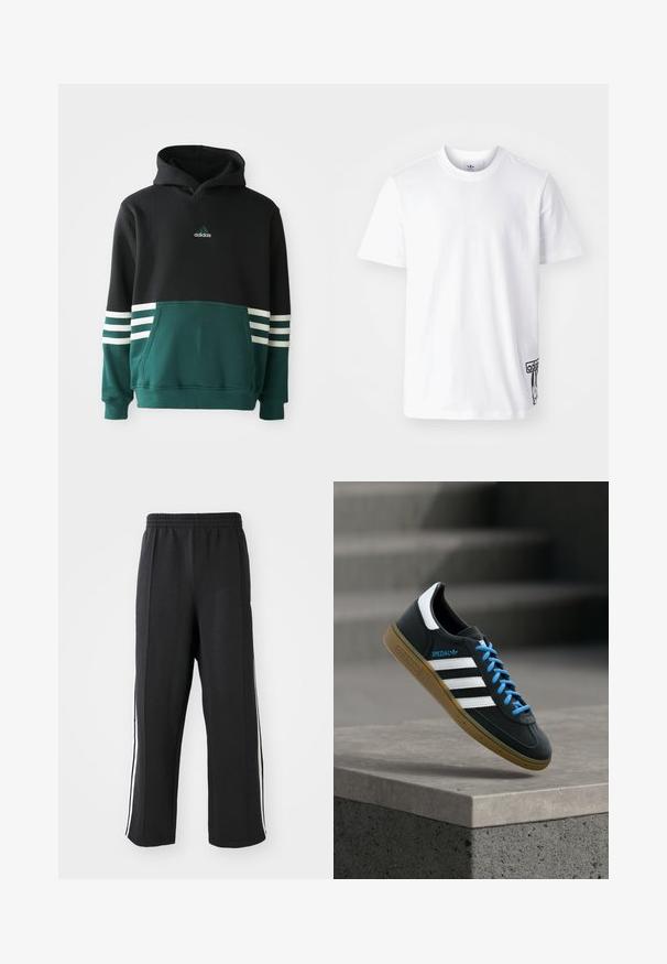 Sudadera Adidas negra y verde oscuro con bolsillo frontal, tres rayas blancas en las mangas y logo de Adidas en el pecho.; Camiseta de algodón blanca de manga corta, con cuello redondo y un parche del logo de Adidas en negro en la parte inferior izquierda. Textura suave.; Pantalones de chándal negros con cintura elástica, con franjas laterales blancas y un corte relajado. Hechos de una tela suave y elástica.; Zapatilla negra Adidas con franjas blancas, cordones azules y suela de goma flotando sobre un escalón de hormigón gris con luz suave.