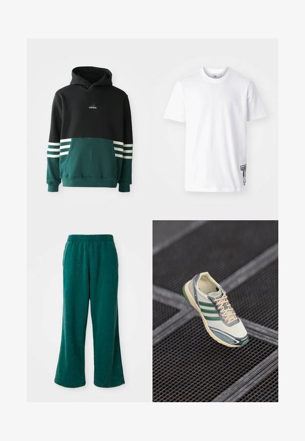 Zwarte en donkergroene Adidas hoodie met een voorkennis, drie witte strepen op de mouwen en het Adidas-logo op de borst.; Witte katoenen t-shirt met korte mouwen, ronde halslijn, en een zwart Adidas-logo label op de linker onderkant. Luxe textuur.; Groene, wijde sweatpants met een zachte textuur, voorzien van een elastische tailleband en zijzakken. Duurzaam stof met een relaxte pasvorm.; Witte en groene mesh sneaker met beige veters die boven een donker metalen roostervloer zweeft.