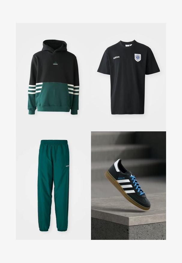 Čierna a tmavozelená mikina Adidas s predným vreckom, tromi bielymi pruhmi na rukávoch a logom Adidas na hrudi.; Čierne tričko s krátkym rukávom vyrobené z bavlny, s okrúhlym výstrihom. Obsahuje biele logo Adidas a nášivku s modrým emblémom na ľavej hrudi.; Zelené športové nohavice vyrobené z ľahkej látky, s elastickým pásom, bočnými vreckami a čiernymi bočnými pruhmi. Viditeľné logo Adidas.; Čierna teniska Adidas s bielymi pruhmi, modrými šnúrkami a gumovou podrážkou, ktorá sa vznáša nad sivým betónovým schodom v mäkkom svetle.