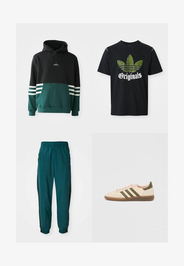 Sudadera Adidas negra y verde oscuro con bolsillo frontal, tres rayas blancas en las mangas y logo de Adidas en el pecho.; Camiseta de algodón negra con un gráfico verde desgastado que presenta tres rayas y la palabra "Originales" debajo en blanco, cuello redondo, mangas cortas.; Pantalones deportivos en color verde azulado con cintura ajustable por cordón, puños elásticos y rayas negras en los lados. Fabricados con un tejido ligero, presentan un logo cerca de la cadera.; Zapatilla Adidas Spezial beige de perfil bajo con rayas verdes, suela de goma y la marca "SPEZIAL" en el lateral, vista desde el lado exterior.