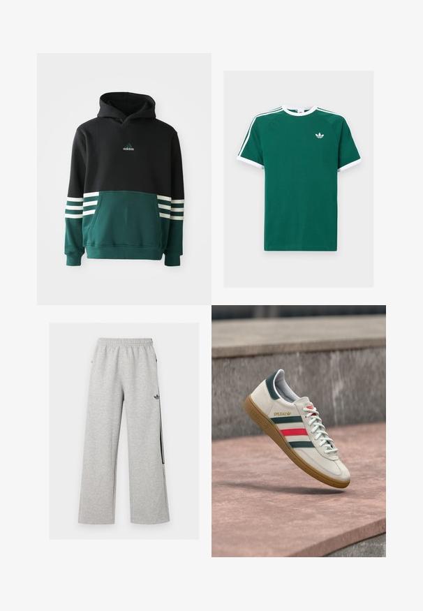 Sudadera Adidas negra y verde oscuro con bolsillo frontal, tres rayas blancas en las mangas y logo de Adidas en el pecho.; Camiseta de algodón verde con acentos blancos, con mangas cortas, cuello redondo y tres rayas blancas en cada hombro. Pequeño logo en el pecho.; Pantalones deportivos anchos de color gris claro con cintura elástica y logo negro de Adidas trefoil en el muslo derecho.; Zapatilla blanca Adidas con franjas verdes y rojas, suela de goma y marca "SPEZIAL" flotando sobre pavimento de piedra.
