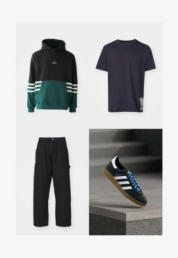 Sudadera Adidas negra y verde oscuro con bolsillo frontal, tres rayas blancas en las mangas y logo de Adidas en el pecho.; Camiseta de algodón negra con cuello redondo, mangas cortas y un parche de logo blanco en el lado inferior. Textura suave, corte regular.; Pantalones cargo negros con corte recto, que cuentan con múltiples bolsillos y cierre de botón. Fabricados en un tejido de algodón resistente con costuras visibles.; Zapatilla negra Adidas con franjas blancas, cordones azules y suela de goma flotando sobre un escalón de hormigón gris con luz suave.
