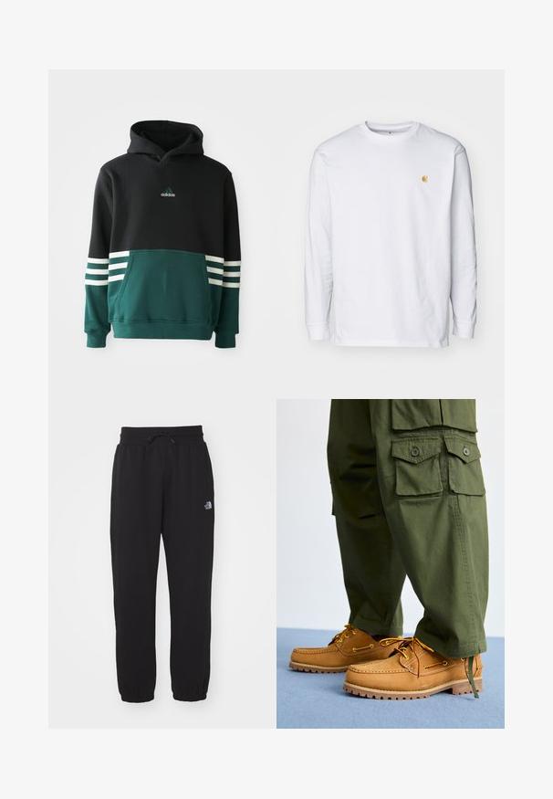 Sudadera Adidas negra y verde oscuro con bolsillo frontal, tres rayas blancas en las mangas y logo de Adidas en el pecho.; Camiseta de manga larga blanca de algodón. Cuenta con un pequeño logo dorado en el pecho y un cuello redondo. Diseño simple y corte estándar.; Pantalones de chándal negros de tela suave, con cinturilla elástica y cordón, tobillos ajustados y un pequeño logo en el muslo superior.; Timberland AUTHENTIC 3 EYE - Náuticos - wheat
