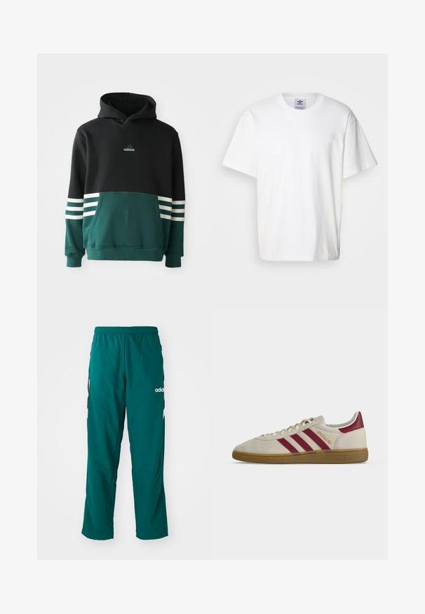 Sudadera Adidas negra y verde oscuro con bolsillo frontal, tres rayas blancas en las mangas y logo de Adidas en el pecho.; Camiseta de algodón blanca con cuello redondo y mangas cortas. Presenta un pequeño logotipo bordado en el pecho. Diseño simple y clásico.; Pantalones deportivos verdes hechos de tela ligera, con una cinturilla elástica, bolsillos laterales y el logo blanco de Adidas en el lado izquierdo.; Zapatilla beige Adidas Spezial con tres franjas burdeos, lengüeta trasera burdeos, suela de goma y texto dorado "Spezial" en el lateral.