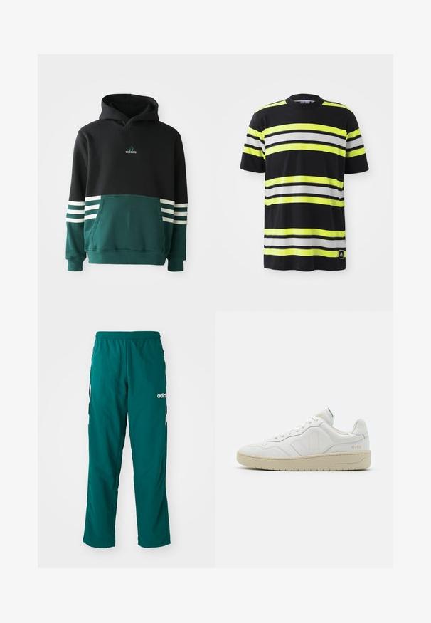 Sort og mørkegrøn Adidas hættetrøje med forlommer, tre hvide striber på ærmerne og Adidas-logo på brystet.; Sort T-shirt med vandrette striber i neongul, hvid og sort. Har en rund halsudskæring og et Adidas-logo nederst til venstre.; Grønne træningsbukser lavet af letvægtsstof, med elastisk talje, sidelommer og hvidt Adidas-logo på venstre side.; Hvide lædersneakers med struktureret overflade og polstret krave. Har en beige gummisål og diskret branding på hælen og siden.