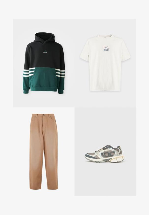 Čierna a tmavozelená mikina Adidas s predným vreckom, tromi bielymi pruhmi na rukávoch a logom Adidas na hrudi.; Biele tričko s krátkym rukávom s malou modro-červenou žabou v strede na hrudi a červeným textom nad žabou.; Béžové nohavice s širokými nohavicami vyrobené z jemnej bavlny. Majú predné zapínanie na gombík a zips, päť vreciek a pútka na opasok.; Športové topánky v sivých, bielych a béžových odtieňoch s vrchnou časťou z textílie, hrubou podrážkou a textúrovanými detailmi. Reflexné prvky na stranách.