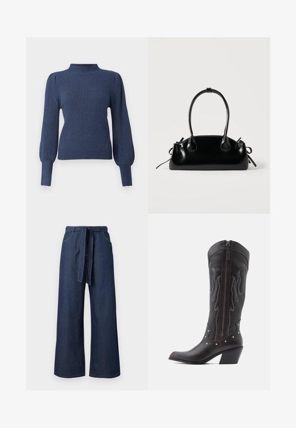 Pull en maille côtelée bleu marine avec un col montant, des manches ballons longues et une coupe ajustée. Fabriqué en tissu doux et texturé.; Pantalons en denim bleu marine à taille haute et jambes larges, dotés de poches avant et d'une ceinture en tissu assortie nouée à la taille.; Bottes de cowboy en cuir marron avec surpiqûres en forme de flammes, fermeture éclair latérale, clous argentés, bout pointu et talon superposé.; Petit sac à main noir brillant avec deux longues anses et des détails à cordon sur les côtés sur un fond clair uni.