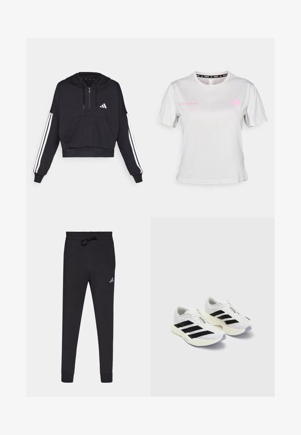 Sort cropped hoodie lavet af blødt stof, med en frontlomme, lynlås lukning og hvide striber langs ærmerne samt logo på brystet.; Lys grå T-shirt med korte ærmer, der har en rund hals, "ADIDAS RUNNING" trykt i pink, med pink Adidas-logo på brystet. Blød stoftekstur.; Sorte atletiske bukser lavet af blødt stof, med elastisk talje, tætsiddende ben og et lille hvidt Adidas-logo på venstre lår.; Hvide sportsko med sorte striber og branding, med en mesh-overdel, afrundet tå og tyk cremefarvet sål til polstring.