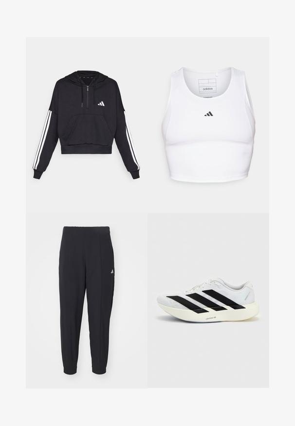 Sudadera corta negra hecha de tejido suave, con un bolsillo frontal, cierre de cremallera y rayas blancas a lo largo de las mangas y un logo en el pecho.; Top corto atlético blanco hecho de una tela ligera y transpirable. Presenta paneles laterales de malla y un logo bordado negro en el pecho.; Pantalones deportivos negros fabricados con una tela suave. Diseño entallado con puños elásticos. Presenta un pequeño logo blanco en la cadera izquierda.; Zapatilla de running blanca con diseño negro de tres franjas en el lateral y suela blanca gruesa con la etiqueta "Lightstrike Pro" sobre fondo liso.