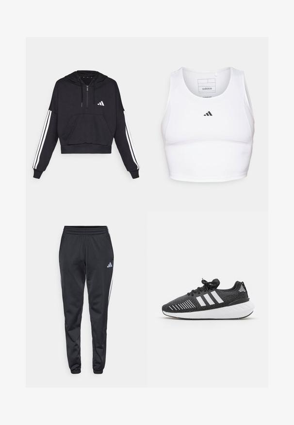 Schwarzer, kurz geschnittener Hoodie aus weichem Stoff, mit einer Fronttasche, Reißverschluss und weißen Streifen entlang der Ärmel sowie einem Logo auf der Brust.; Weißes sportliches Crop-Top aus leichtem, atmungsaktivem Material. Mit Mesh-Seitenpanelen und schwarzem, gesticktem Logo auf der Brust.; Schwarze Sporthose mit einem elastischen Bund, schmal zulaufendem Bein und weißen Seitenstreifen. Auf der linken Oberschenkel befindet sich ein kleines graues Trefoil-Logo.; Schwarze Sportschuhe mit einer strukturierten Oberseite, einem weißen Drei-Streifen-Design, einer Gummisohle und kontrastierenden weißen Akzenten an der Ferse.