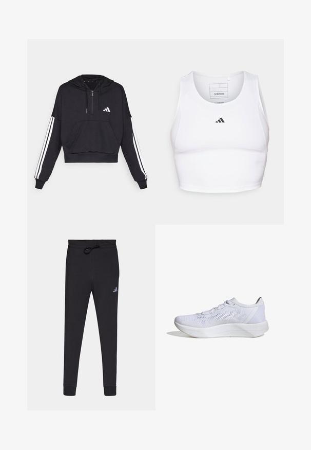Čierna cropped mikina s kapucňou vyrobená z jemnej látky, s predným vreckom, zipsom a bielymi pruhmi pozdĺž rukávov a logom na hrudi.; Biely športový crop top vyrobený z ľahkej, priedušnej tkaniny. Obsahuje sieťované bočné panely a čierne vyšitý logo na hrudi.; Čierne športové nohavice vyrobené z mäkkej tkaniny, s nastaviteľným pásom, zúženými nohavicami a malým bielym logom Adidas na ľavom stehne.; Biele atletické topánky s priedušným sieťovým zvrškom, šnurovací dizajn, polstrovaný golier a textúrovaná gumová podrážka pre trakciu.