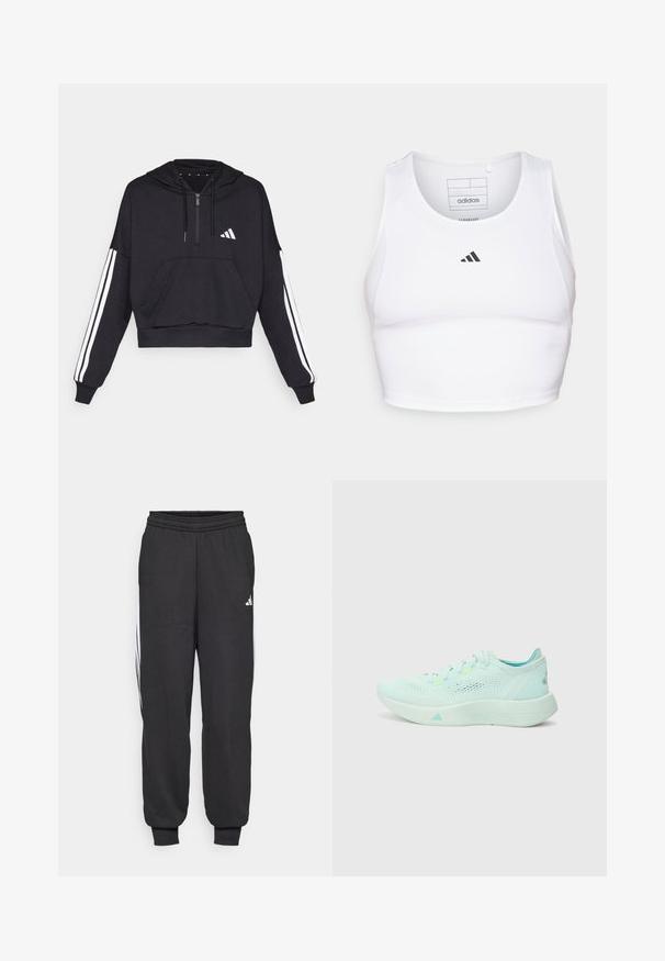 Čierna cropped mikina s kapucňou vyrobená z jemnej látky, s predným vreckom, zipsom a bielymi pruhmi pozdĺž rukávov a logom na hrudi.; Biely športový crop top vyrobený z ľahkej, priedušnej tkaniny. Obsahuje sieťované bočné panely a čierne vyšitý logo na hrudi.; Čierne športové nohavice s elastickým pásom, zúženými členkami a bielymi bočnými pruhmi. Vyrobené z jemnej látky s hladkým povrchom.; Svetlomodrá bežecká obuv s sieťovinovým zvrškom, textúrovanou podrážkou a polstrovaným golierom. Obsahuje neonové akcenty a aerodynamický dizajn.