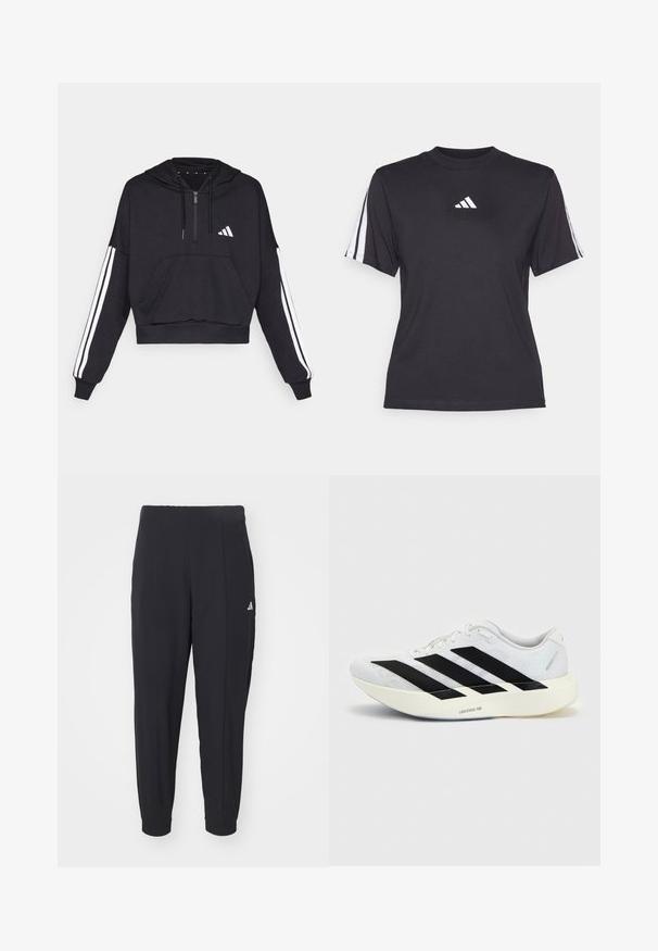 Zwarte cropped hoodie van zacht materiaal, met een voorzak, ritssluiting, en witte strepen langs de mouwen en een logo op de borst.; Zwarte sport T-shirt van zacht materiaal, met een ronde hals, korte mouwen en drie witte strepen op elke schouder. Witte logo op de borst.; Zwarte sportbroek gemaakt van een gladde stof. Tapervormig ontwerp met elastische boorden. Voorzien van een klein wit logo op de linkerheup.; Witte hardloopschoen met zwart drie-strepen ontwerp aan de zijkant en dikke witte zool met label "Lightstrike Pro" op een effen achtergrond.