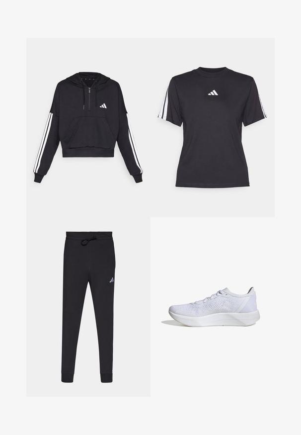 Zwarte cropped hoodie van zacht materiaal, met een voorzak, ritssluiting, en witte strepen langs de mouwen en een logo op de borst.; Zwarte sport T-shirt van zacht materiaal, met een ronde hals, korte mouwen en drie witte strepen op elke schouder. Witte logo op de borst.; Zwarte sportbroek van zacht materiaal, met een tailleband met trekkoord, taps toelopende benen en een klein wit Adidas-logo op de linkerdij.; Witte sportieve schoen met een ademend mesh bovenwerk, vetersluiting, gevoerde kraag en een gestructureerde rubberen zool voor grip.