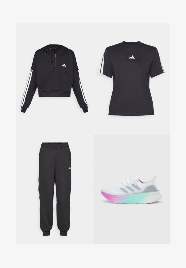 Sort cropped hoodie lavet af blødt stof, med en frontlomme, lynlås lukning og hvide striber langs ærmerne samt logo på brystet.; Sort atletisk T-shirt lavet af blødt stof, med rund halsudskæring, korte ærmer og tre hvide striber på hver skulder. Hvidt logo på brystet.; Sorte træningsbukser med elastisk talje, indsnævrede ankler og hvide sidelister. Lavet af blødt stof med en glat tekstur.; Hvid Adidas løbesko med lys blå og pink gradient sål, tre grå sidestriber og overdel i strikstof med snørebånd.