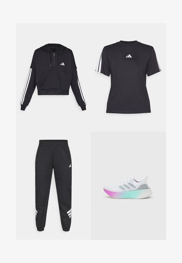 Sudadera corta negra hecha de tejido suave, con un bolsillo frontal, cierre de cremallera y rayas blancas a lo largo de las mangas y un logo en el pecho.; Camiseta atlética negra de tejido suave, con cuello redondo, mangas cortas y tres rayas blancas en cada hombro. Logo blanco en el pecho.; Pantalones de chándal negros con cintura elástica, piernas ajustadas y diseño de tres rayas blancas a los lados. Hechos de una tela suave.; Zapatilla de running blanca de Adidas con rayas grises y una suela gruesa que cambia de color de rosa a verde, con texto "Lightboost" y "Ultraboost".