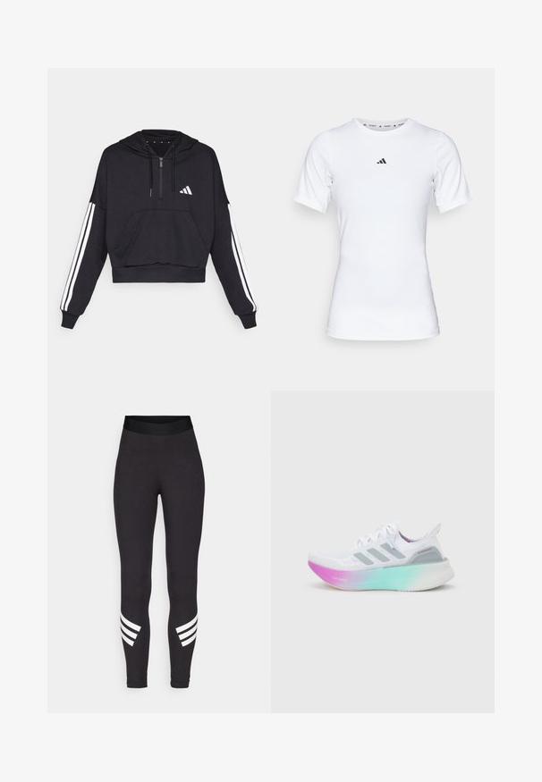 Čierna cropped mikina s kapucňou vyrobená z jemnej látky, s predným vreckom, zipsom a bielymi pruhmi pozdĺž rukávov a logom na hrudi.; Biela športová tričko s krátkymi rukávmi, vyrobené z hladkej, elastickej tkaniny. Obsahuje malé čierne logo Adidas na hrudi.; Čierne legíny vyrobené z elastického materiálu, s širokým pásom a tromi bielymi horizontálnymi pruhmi blízko dolnej časti nôh.; Biela bežecká obuv Adidas so sivými pruhmi a hrubou podrážkou prechádzajúcou z ružovej do zelenej, obsahujúca nápisy "Lightboost" a "Ultraboost".
