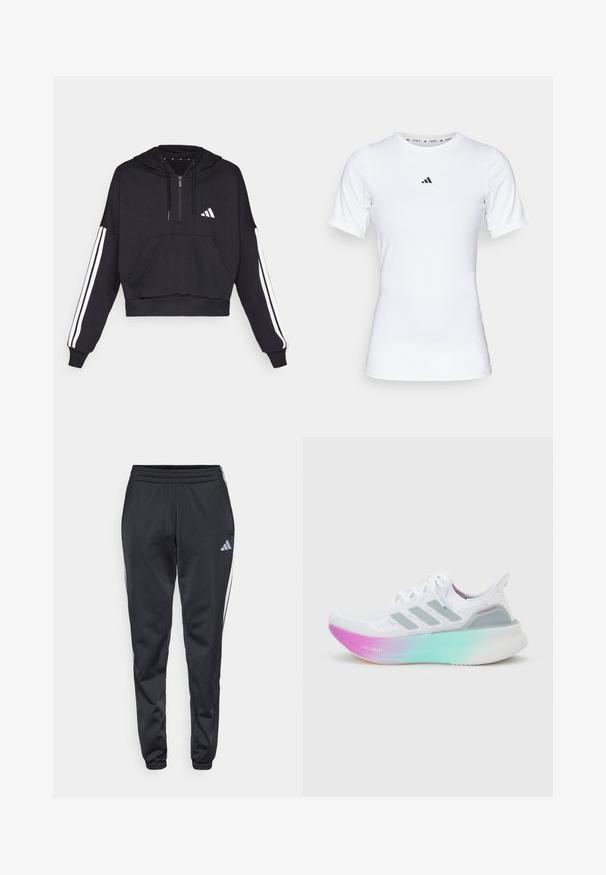 Zwarte cropped hoodie van zacht materiaal, met een voorzak, ritssluiting, en witte strepen langs de mouwen en een logo op de borst.; Witte sportshirt met korte mouwen, gemaakt van zachte, rekbare stof. Voorzien van een klein zwart Adidas-logo op de borst.; Zwarte sportieve broek met een elastische tailleband, taps toelopende benen en witte zijkanten. Voorzien van een klein grijs trefoil-logo op de linker bovenbeen.; Witte Adidas hardloopschoen met lichtblauwe en roze verloopzool, drie grijze zijstrepen en een bovenwerk van gebreide stof met veters.