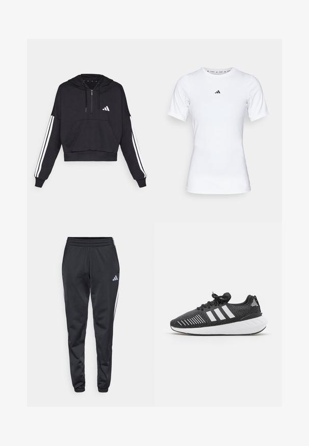 Čierna cropped mikina s kapucňou vyrobená z jemnej látky, s predným vreckom, zipsom a bielymi pruhmi pozdĺž rukávov a logom na hrudi.; Biela športová tričko s krátkymi rukávmi, vyrobené z hladkej, elastickej tkaniny. Obsahuje malé čierne logo Adidas na hrudi.; Čierne športové nohavice s elastickým pásom, zúženými nohavicami a bielymi bočnými pruhmi. Na ľavom stehne je malé šedé logo trefoil.; Čierne športové topánky s textúrovaným zvrškom, bielym trojprúžkovým dizajnom, gumovou podrážkou a kontrastnými bielymi akcentmi na päte.