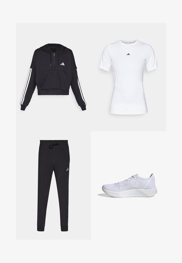 Sudadera corta negra hecha de tejido suave, con un bolsillo frontal, cierre de cremallera y rayas blancas a lo largo de las mangas y un logo en el pecho.; Camiseta deportiva blanca de manga corta, hecha de una tela suave y elástica. Presenta un pequeño logo negro de Adidas en el pecho.; Pantalones deportivos negros hechos de una tela suave, con cintura elástica y cordón, piernas ajustadas y un pequeño logo blanco de Adidas en el muslo izquierdo.; Zapatilla deportiva blanca con una parte superior de malla transpirable, diseño con cordones, acolchado en el tobillo y una suela de goma texturizada para tracción.
