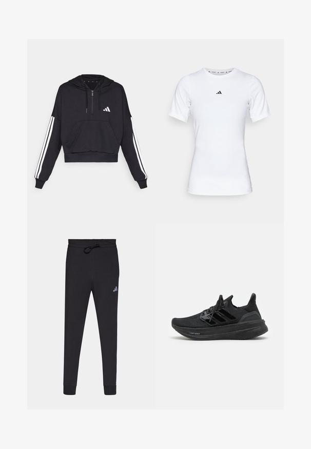 Sudadera corta negra hecha de tejido suave, con un bolsillo frontal, cierre de cremallera y rayas blancas a lo largo de las mangas y un logo en el pecho.; Camiseta deportiva blanca de manga corta, hecha de una tela suave y elástica. Presenta un pequeño logo negro de Adidas en el pecho.; Pantalones deportivos negros hechos de una tela suave, con cintura elástica y cordón, piernas ajustadas y un pequeño logo blanco de Adidas en el muslo izquierdo.; Zapatillas deportivas negras con parte superior de tejido transpirable, diseño texturizado, las tres franjas características y una suela gruesa y acolchada etiquetada como "LIGHT BOOST".