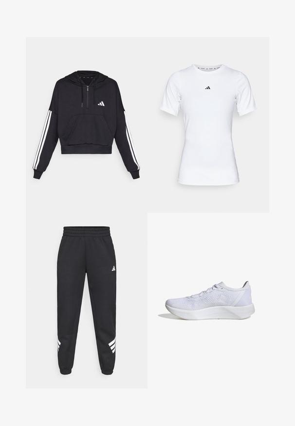 Zwarte cropped hoodie van zacht materiaal, met een voorzak, ritssluiting, en witte strepen langs de mouwen en een logo op de borst.; Witte sportshirt met korte mouwen, gemaakt van zachte, rekbare stof. Voorzien van een klein zwart Adidas-logo op de borst.; Zwarte sweatpants met een elastische tailleband, taps toelopende benen en een wit drie-strepenontwerp aan de zijkanten. Gemaakt van zachte stof.; Witte sportieve schoen met een ademend mesh bovenwerk, vetersluiting, gevoerde kraag en een gestructureerde rubberen zool voor grip.