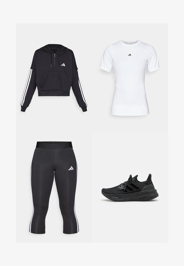 Schwarzer, kurz geschnittener Hoodie aus weichem Stoff, mit einer Fronttasche, Reißverschluss und weißen Streifen entlang der Ärmel sowie einem Logo auf der Brust.; Weißes Sportshirt mit kurzen Ärmeln, aus glattem, dehnbarem Stoff. Mit kleinem schwarzem Adidas-Logo auf der Brust.; Schwarze Capri-Leggings mit breitem Bund, versehen mit weißen seitlichen Streifen und einem weißen Adidas-Logo auf dem linken Oberschenkel. Glatte Textur.; Schwarze Sportschuhe mit einem atmungsaktiven Strick-Obermaterial, strukturiertem Design, den charakteristischen drei Streifen und einer dicken, gepolsterten Sohle mit der Bezeichnung "LIGHT BOOST".