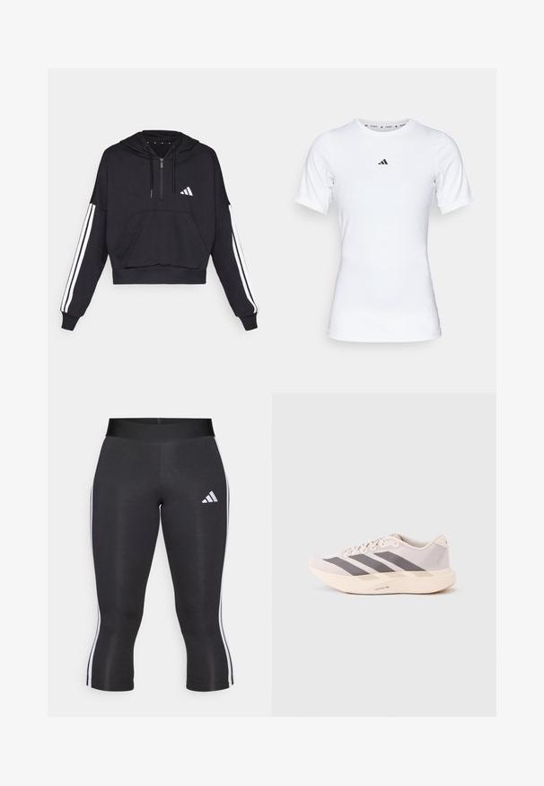 Zwarte cropped hoodie van zacht materiaal, met een voorzak, ritssluiting, en witte strepen langs de mouwen en een logo op de borst.; Witte sportshirt met korte mouwen, gemaakt van zachte, rekbare stof. Voorzien van een klein zwart Adidas-logo op de borst.; Zwarte capri leggings met een brede tailleband, voorzien van witte zijkanten en een wit Adidas logo op de linker dij. Glad textuur.; Lichtgewicht sportieve sneakers in lichtroze en grijs, met een bovenwerk van mesh, drie donkere strepen, en een dikke crèmekleurige zool met het opschrift "LIGHTSTRIKE PRO".