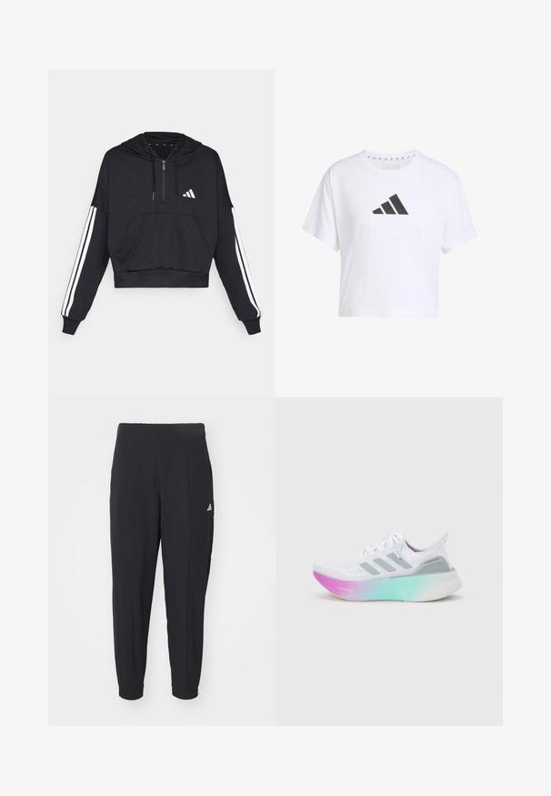 Schwarzer, kurz geschnittener Hoodie aus weichem Stoff, mit einer Fronttasche, Reißverschluss und weißen Streifen entlang der Ärmel sowie einem Logo auf der Brust.; Weißes, cropped T-Shirt aus Baumwolle mit einem schwarzen Logo mit drei Streifen auf der Vorderseite, ausgestattet mit kurzen Ärmeln und einem runden Halsausschnitt.; Schwarze Sporthosen aus einem glatten Stoff. Tapered-Design mit elastischen Bündchen. Mit kleinem weißen Logo an der linken Hüfte.; Weißer Adidas-Laufschuh mit grauen Streifen und einer dicken Sohle, die von Pink zu Grün verläuft, mit den Schriftzügen "Lightboost" und "Ultraboost".
