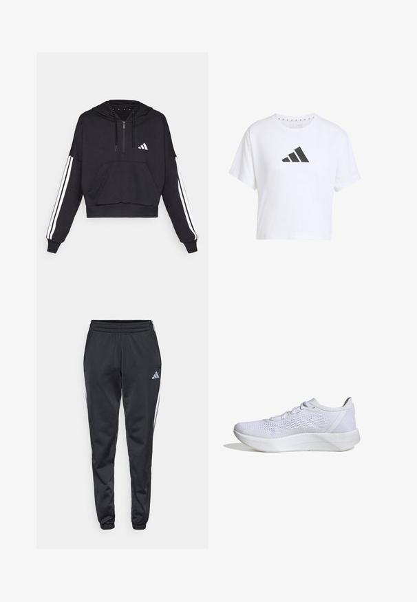 Sort cropped hoodie lavet af blødt stof, med en frontlomme, lynlås lukning og hvide striber langs ærmerne samt logo på brystet.; Hvid cropped t-shirt lavet af bomuld med et sort tre-stribet logo på forsiden, med korte ærmer og rund halsudskæring.; Sorte træningsbukser med elastisk talje, smalle ben og hvide sidelister. Har et lille gråt trefoil-logo på venstre lår.; Hvide sportssko med en åndbar mesh-overdel, snørebåndsdesign, polstret krave og en struktureret gummisål for bedre greb.