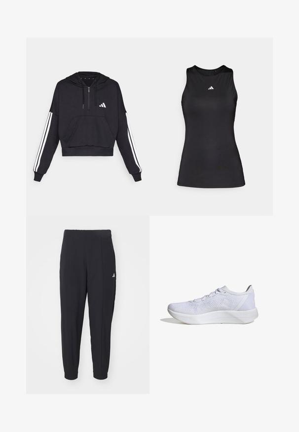Schwarzer, kurz geschnittener Hoodie aus weichem Stoff, mit einer Fronttasche, Reißverschluss und weißen Streifen entlang der Ärmel sowie einem Logo auf der Brust.; Schwarzes ärmelloses Sportoberteil aus glattem Stoff. Verfügt über einen runden Halsauschnitt und ein kleines weißes Adidas-Logo auf der Brust.; Schwarze Sporthosen aus einem glatten Stoff. Tapered-Design mit elastischen Bündchen. Mit kleinem weißen Logo an der linken Hüfte.; Weißer Sportschuh mit atmungsaktivem Mesh-Obermaterial, Schnürdesign, gepolstertem Kragen und einer strukturierten Gummisohle für besseren Halt.