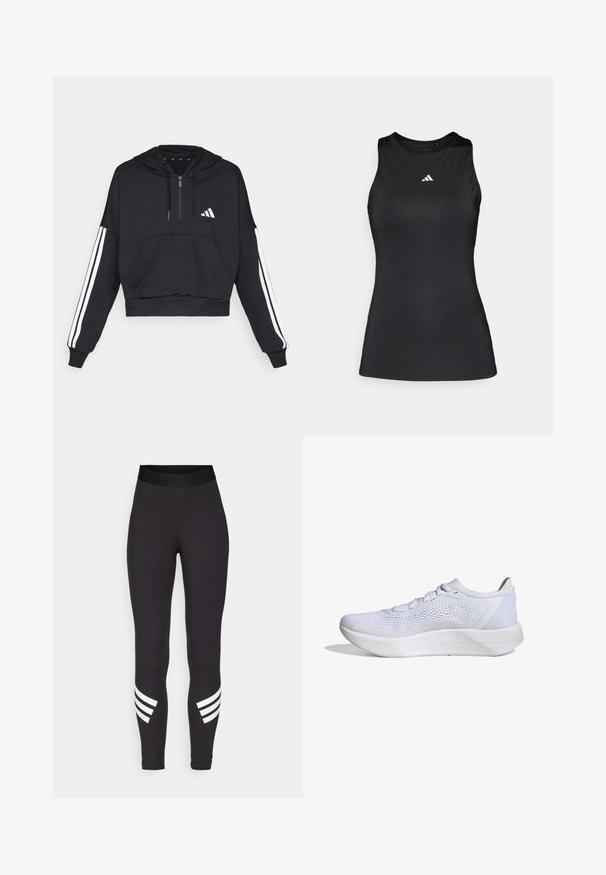 Zwarte cropped hoodie van zacht materiaal, met een voorzak, ritssluiting, en witte strepen langs de mouwen en een logo op de borst.; Zwart mouwloos sporttop gemaakt van gladde stof. Heeft een ronde halslijn en een klein wit Adidas-logo op de borst.; Zwarte legging van rekbaar materiaal, met een brede tailleband en drie witte horizontale strepen nabij de onderbenen.; Witte sportieve schoen met een ademend mesh bovenwerk, vetersluiting, gevoerde kraag en een gestructureerde rubberen zool voor grip.