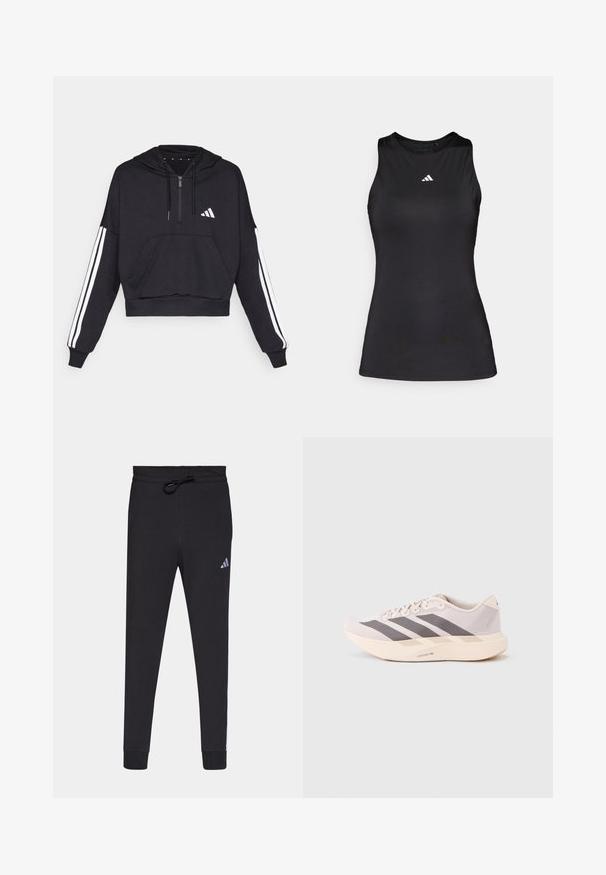 Zwarte cropped hoodie van zacht materiaal, met een voorzak, ritssluiting, en witte strepen langs de mouwen en een logo op de borst.; Zwart mouwloos sporttop gemaakt van gladde stof. Heeft een ronde halslijn en een klein wit Adidas-logo op de borst.; Zwarte sportbroek van zacht materiaal, met een tailleband met trekkoord, taps toelopende benen en een klein wit Adidas-logo op de linkerdij.; Lichtgewicht sportieve sneakers in lichtroze en grijs, met een bovenwerk van mesh, drie donkere strepen, en een dikke crèmekleurige zool met het opschrift "LIGHTSTRIKE PRO".