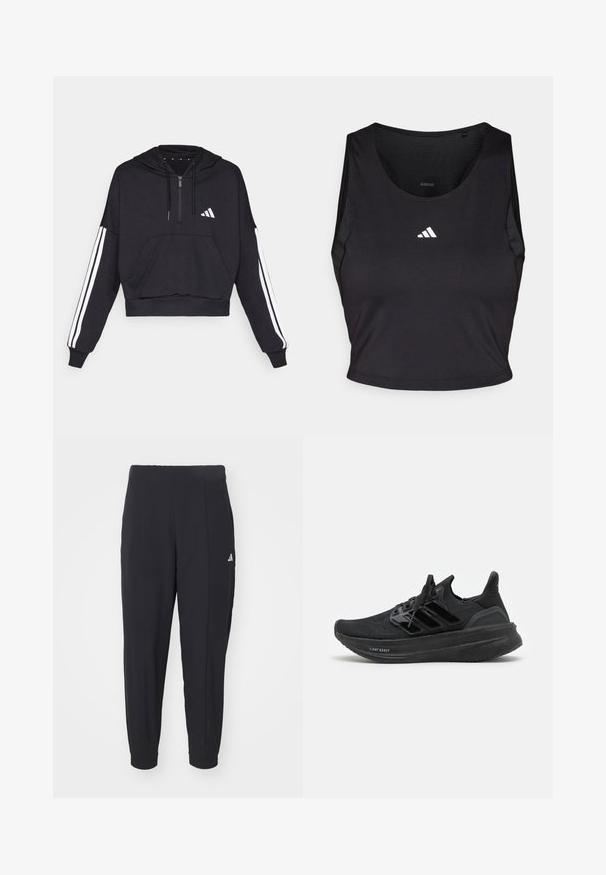 Schwarzer, kurz geschnittener Hoodie aus weichem Stoff, mit einer Fronttasche, Reißverschluss und weißen Streifen entlang der Ärmel sowie einem Logo auf der Brust.; Schwarzes Sport-Crop-Top aus feuchtigkeitsableitendem Material, mit rundem Halsausschnitt, ärmellosem Design und weißem Logo auf der Brust.; Schwarze Sporthosen aus einem glatten Stoff. Tapered-Design mit elastischen Bündchen. Mit kleinem weißen Logo an der linken Hüfte.; Schwarze Sportschuhe mit einem atmungsaktiven Strick-Obermaterial, strukturiertem Design, den charakteristischen drei Streifen und einer dicken, gepolsterten Sohle mit der Bezeichnung "LIGHT BOOST".