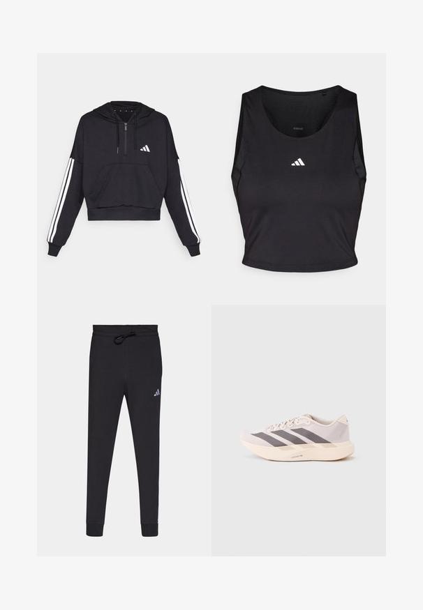 Schwarzer, kurz geschnittener Hoodie aus weichem Stoff, mit einer Fronttasche, Reißverschluss und weißen Streifen entlang der Ärmel sowie einem Logo auf der Brust.; Schwarzes Sport-Crop-Top aus feuchtigkeitsableitendem Material, mit rundem Halsausschnitt, ärmellosem Design und weißem Logo auf der Brust.; Schwarze Sporthose aus weichem Stoff, mit einem Kordelzugbund, schmal zulaufenden Beinen und einem kleinen weißen Adidas-Logo am linken Oberschenkel.; Leichte Sportsneaker in zartem Rosa und Grau mit einem Obermaterial aus Mesh, drei dunklen Streifen und einer dicken, cremefarbenen Sohle mit der Aufschrift "LIGHTSTRIKE PRO".