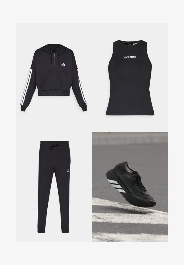 Schwarzer, kurz geschnittener Hoodie aus weichem Stoff, mit einer Fronttasche, Reißverschluss und weißen Streifen entlang der Ärmel sowie einem Logo auf der Brust.; Schwarzes ärmelloses Oberteil aus Baumwolle mit einem runden Halsausschnitt und dem weißen "adidas"-Logo in der Mitte der Brust. Glatte Textur, normale Passform.; Schwarze Sporthose aus weichem Stoff, mit einem Kordelzugbund, schmal zulaufenden Beinen und einem kleinen weißen Adidas-Logo am linken Oberschenkel.; Schwarzer Laufschuh mit weißen Streifen auf der Sohle, schwebt über Asphalt mit weißen Straßenmarkierungen und wirbelt kleine Schmutzpartikel auf.