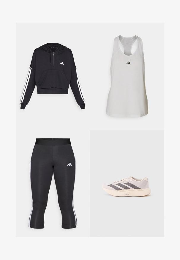 Schwarzer, kurz geschnittener Hoodie aus weichem Stoff, mit einer Fronttasche, Reißverschluss und weißen Streifen entlang der Ärmel sowie einem Logo auf der Brust.; Weißes Sport-Top aus leichtem Stoff mit Racerback-Design und kleinem schwarzem Logo auf der Brust.; Schwarze Capri-Leggings mit breitem Bund, versehen mit weißen seitlichen Streifen und einem weißen Adidas-Logo auf dem linken Oberschenkel. Glatte Textur.; Leichte Sportsneaker in zartem Rosa und Grau mit einem Obermaterial aus Mesh, drei dunklen Streifen und einer dicken, cremefarbenen Sohle mit der Aufschrift "LIGHTSTRIKE PRO".