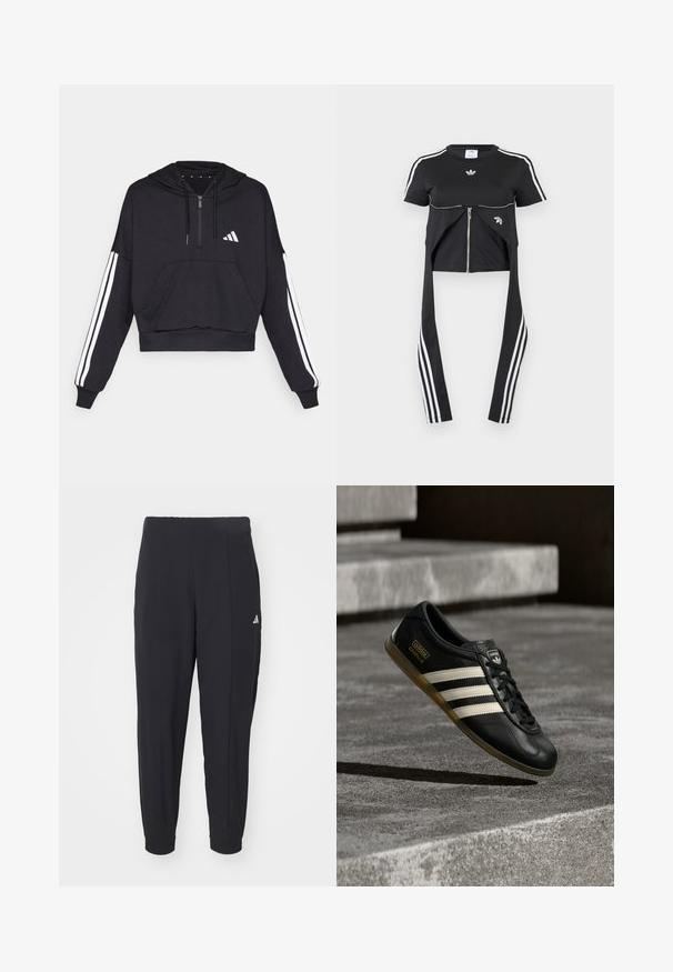 Čierna cropped mikina s kapucňou vyrobená z jemnej látky, s predným vreckom, zipsom a bielymi pruhmi pozdĺž rukávov a logom na hrudi.; Čierny top s krátkym rukávom, bielymi pruhmi Adidas na rukávoch, detailom predného zipsu a predĺženými panelmi látky visiacimi dole s tromi bielymi pruhmi.; Čierne športové nohavice vyrobené z hladkej tkaniny. Zúžený strih s elastickými manžetami. Obsahujú malé biele logo na ľavom boku.; Čierna kožená teniska s bielym dizajnom troch pruhov, textúrovanými detailmi, čiernymi šnúrkami a gumovou podrážkou. Logo značky viditeľné na jazyku.