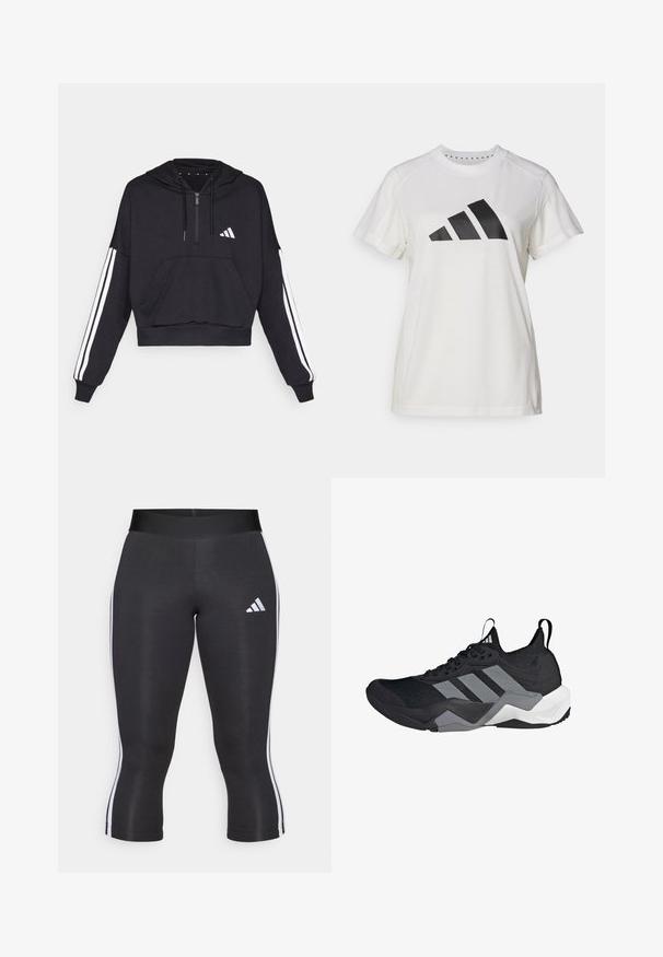 Sudadera corta negra hecha de tejido suave, con un bolsillo frontal, cierre de cremallera y rayas blancas a lo largo de las mangas y un logo en el pecho.; Camiseta atlética blanca de tejido suave. Presenta mangas cortas y un gran logotipo negro de Adidas con tres rayas debajo.; Leggings capri negros con una cinturilla ancha, que cuentan con franjas laterales blancas y un logo de Adidas en blanco en el muslo izquierdo. Textura suave.; Zapatilla deportiva negra con parte superior de malla transpirable, acentos grises, suela texturizada y tres distintivas franjas en el costado.
