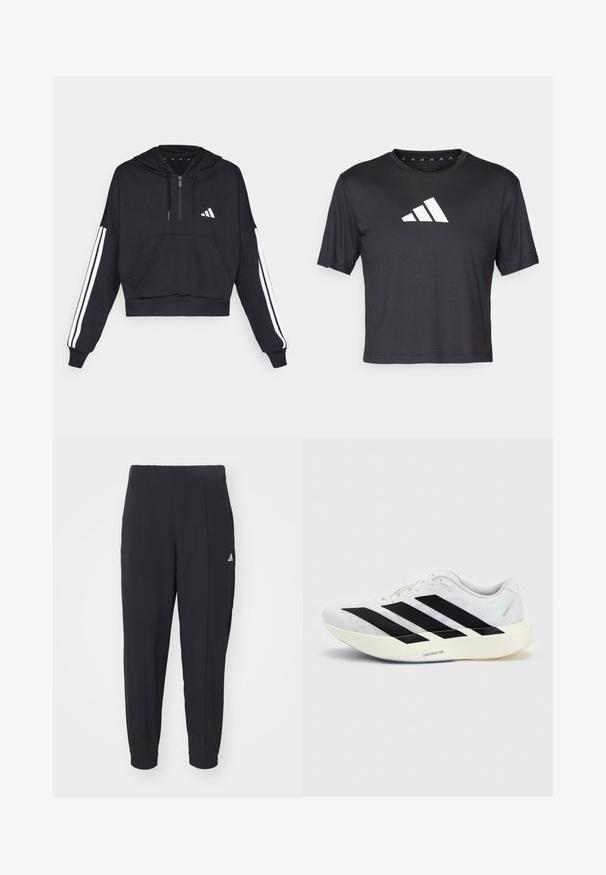 Zwarte cropped hoodie van zacht materiaal, met een voorzak, ritssluiting, en witte strepen langs de mouwen en een logo op de borst.; Zwarte cropped t-shirt van gladde stof, met een witte Adidas-logo op de borst, ronde halslijn en korte mouwen.; Zwarte sportbroek gemaakt van een gladde stof. Tapervormig ontwerp met elastische boorden. Voorzien van een klein wit logo op de linkerheup.; Witte hardloopschoen met zwart drie-strepen ontwerp aan de zijkant en dikke witte zool met label "Lightstrike Pro" op een effen achtergrond.