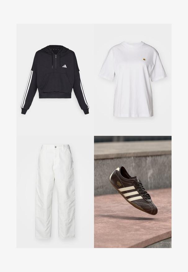 Čierna cropped mikina s kapucňou vyrobená z jemnej látky, s predným vreckom, zipsom a bielymi pruhmi pozdĺž rukávov a logom na hrudi.; Biely bavlnený tričko s voľným strihom, krátkymi rukávmi a malým vyšitým logom na ľavej strane hrude.; Biele cargo nohavice vyrobené z denimu, s voľným strihom, bočnými vreckami a viditeľnými švami. Jednoduchý predný diel so zapínaním na gombík.; Hnedá kožená teniska s tromi bielymi pruhmi, textúrovaným povrchom, šnurovacím dizajnom a hnedou gumovou podrážkou. Na boku je vyrazené logo.