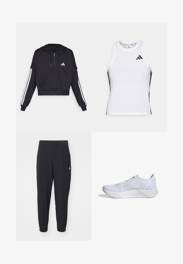 Čierna cropped mikina s kapucňou vyrobená z jemnej látky, s predným vreckom, zipsom a bielymi pruhmi pozdĺž rukávov a logom na hrudi.; Biely športový tielko s čiernymi bočnými akcentami a logom. Má výstrih v tvare lode a priliehavý strih, vyrobené z ľahkého, priedušného materiálu.; Čierne športové nohavice vyrobené z hladkej tkaniny. Zúžený strih s elastickými manžetami. Obsahujú malé biele logo na ľavom boku.; Biele atletické topánky s priedušným sieťovým zvrškom, šnurovací dizajn, polstrovaný golier a textúrovaná gumová podrážka pre trakciu.