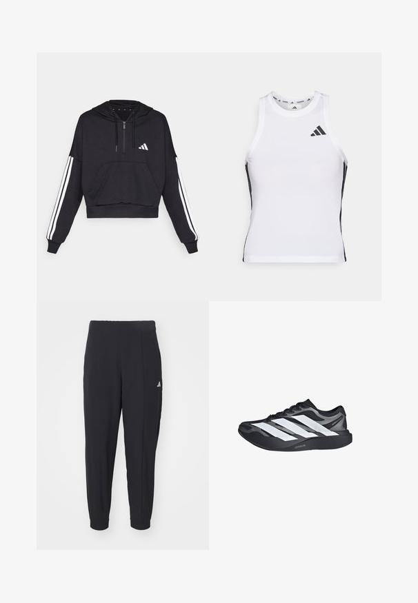 Čierna cropped mikina s kapucňou vyrobená z jemnej látky, s predným vreckom, zipsom a bielymi pruhmi pozdĺž rukávov a logom na hrudi.; Biely športový tielko s čiernymi bočnými akcentami a logom. Má výstrih v tvare lode a priliehavý strih, vyrobené z ľahkého, priedušného materiálu.; Čierne športové nohavice vyrobené z hladkej tkaniny. Zúžený strih s elastickými manžetami. Obsahujú malé biele logo na ľavom boku.; Čierno-sivá bežecká obuv s tromi veľkými bielymi pruhmi na boku a hrubou čiernou podrážkou označenou "Lightstrike Pro".