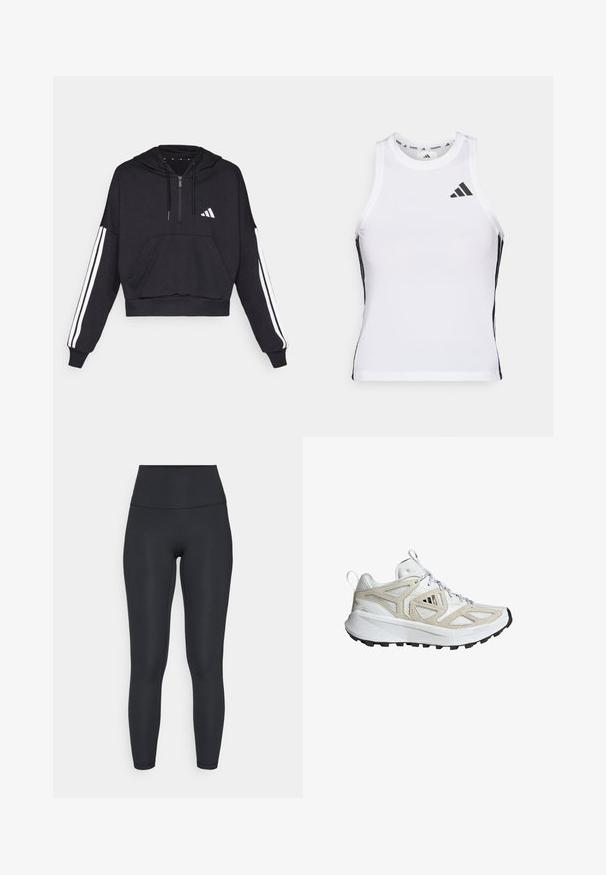 Sort cropped hoodie lavet af blødt stof, med en frontlomme, lynlås lukning og hvide striber langs ærmerne samt logo på brystet.; Hvid athletic tanktop med sorte sideaccentuer og logo. Har en scoop-neckline og tætsiddende design, lavet af letvægts, åndbart materiale.; adidas Performance ALL ME SCULPT - Tights - black; Letvægts løbesko med en hvid mesh-overdel og beige accenter, tekstureret sål og sorte trækkugler. Reflekterende detaljer til stede.