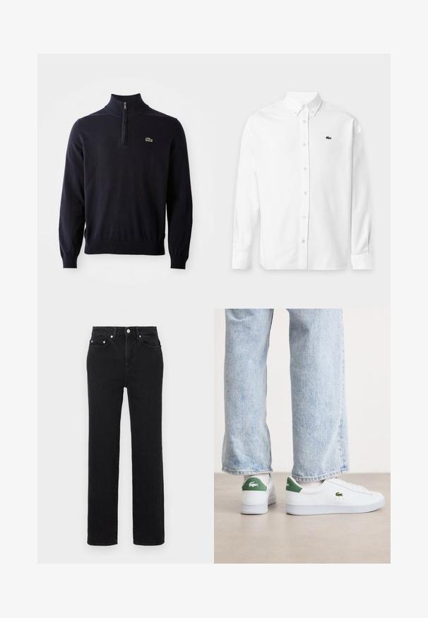 Suéter azul marino con cuello de media cremallera, puños y dobladillo acanalados, hecho de una tela suave, presenta un pequeño logo de cocodrilo verde en el pecho.; Camisa blanca de manga larga con botones y cuello abotonado, con pequeño logo negro de cocodrilo en el pecho izquierdo.; Pantalones vaqueros negros de talle alto y corte recto, con bolsillos delanteros y traseros, cierre de botón plateado y trabillas para cinturón sobre un fondo blanco.; Zapatillas de cuero blancas con acentos verdes en el talón y logo bordado. Textura suave, diseño bajo, combinadas con jeans azul claro.